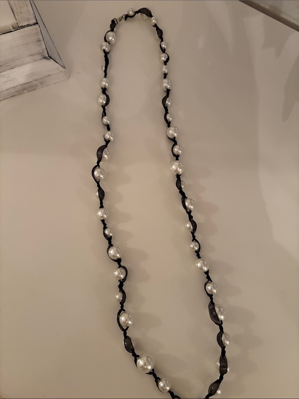 Classic Faux Pearl & Black Ribbon Long Necklace